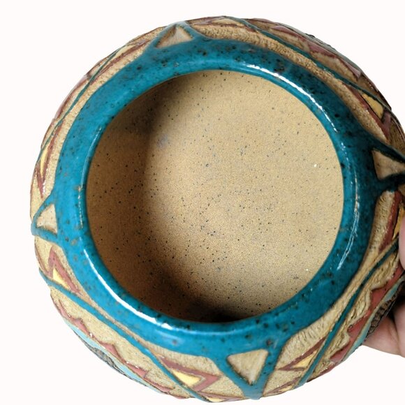 Vintage Studio Art Etched Pottery Short Vase Bojo Rainbows SIgned BW - Picture 5 of 6